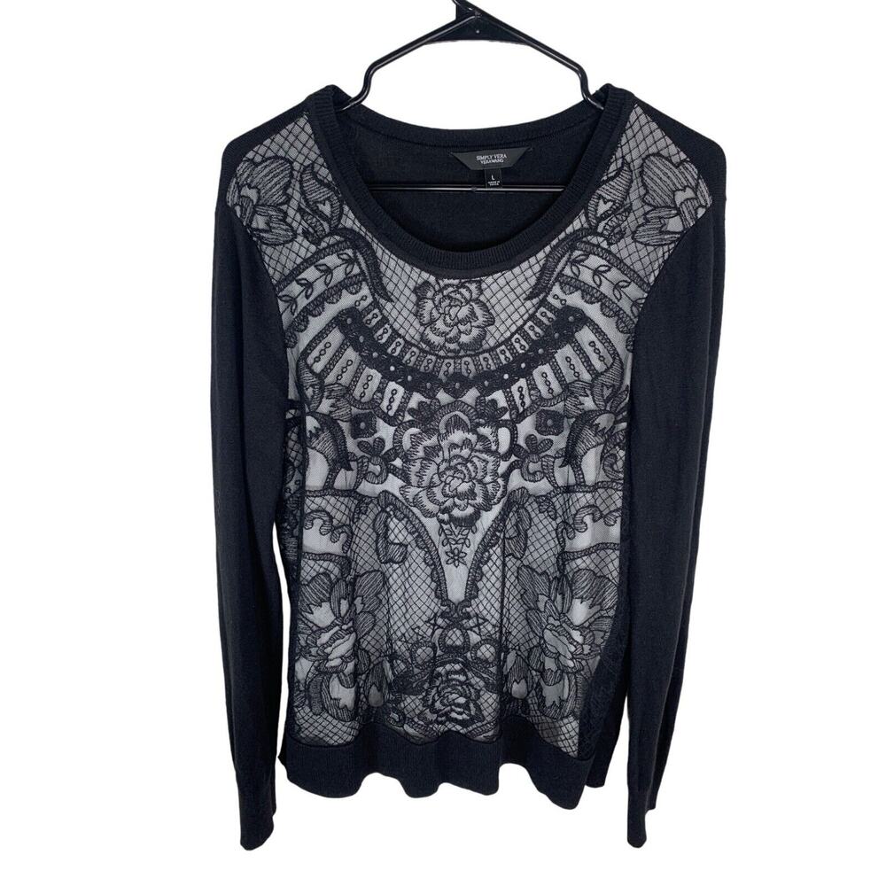 Simply Vera Vera Wang Black Lace Detail Long Sleeve Sweater L